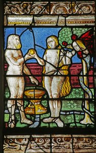 Vindue, der forestiller Adam, Eva, slangen og den forbudte frugt af French School